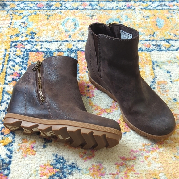 Sorel Joan Of Arctic Suede Leather Platform Wedge II Zip Ankle Booties Brown 7.5 - Picture 2 of 14